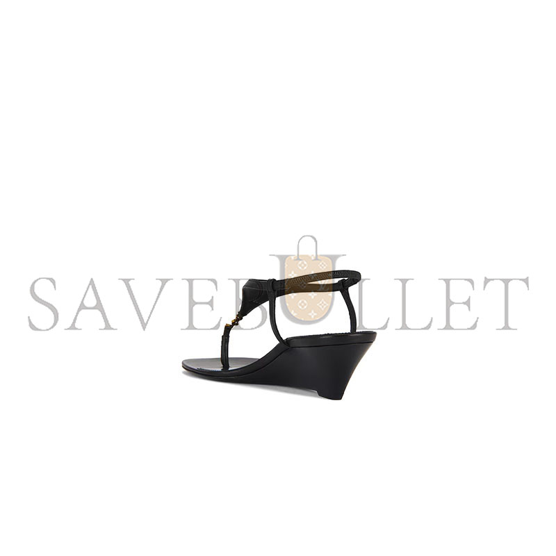 YSL BLACK CASSANDRA LEATHER WEDGE SANDAL 